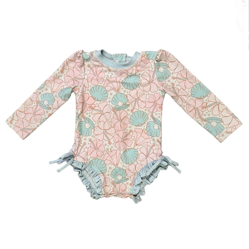 NOT FOR SALR EUC Caden Lane Ocean Pearl Long Sleeve Rash Guard Ruffle Bottom